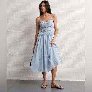 American Eagle Bella Lace Inset Floral Midi Milkmaid Blue Women's Easter Dress